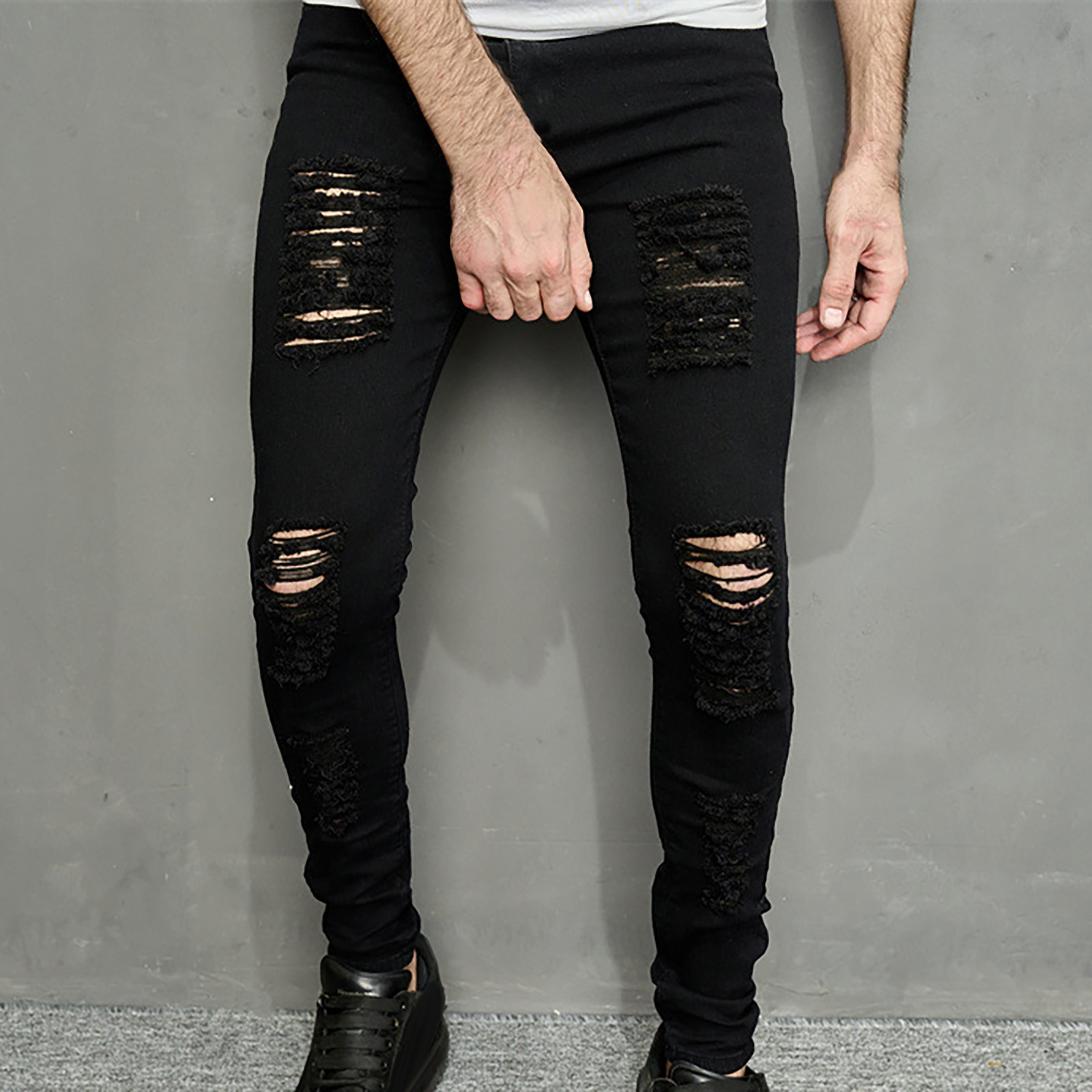 TKYCMSUAKI Skinny Jeans for Men Stretch Slim Fit Ripped Distressed Denim Jeans Trendy Solid Punk Style Ripped Hole Trousers Skinny Ripped Pants